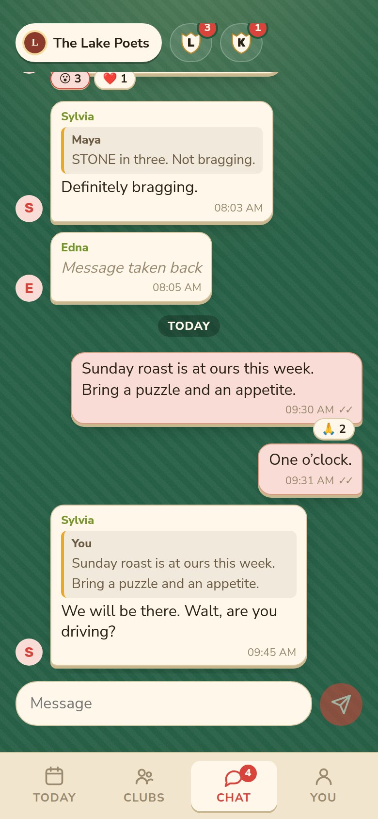 A club chat with replies, reactions and read ticks