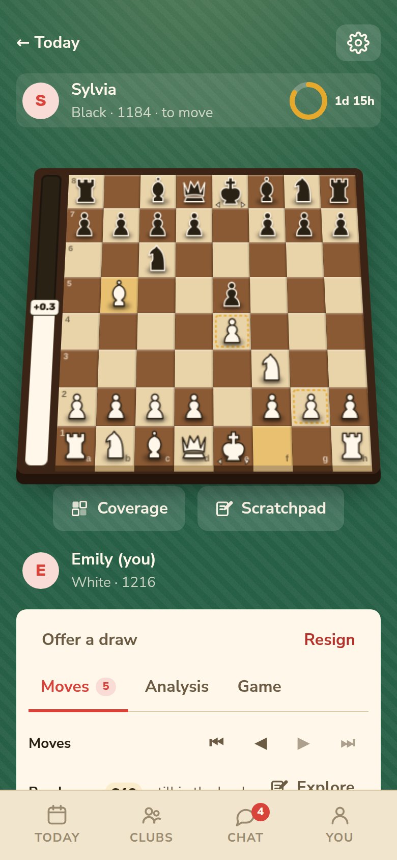 A chess game in play with the strength bar beside the board
