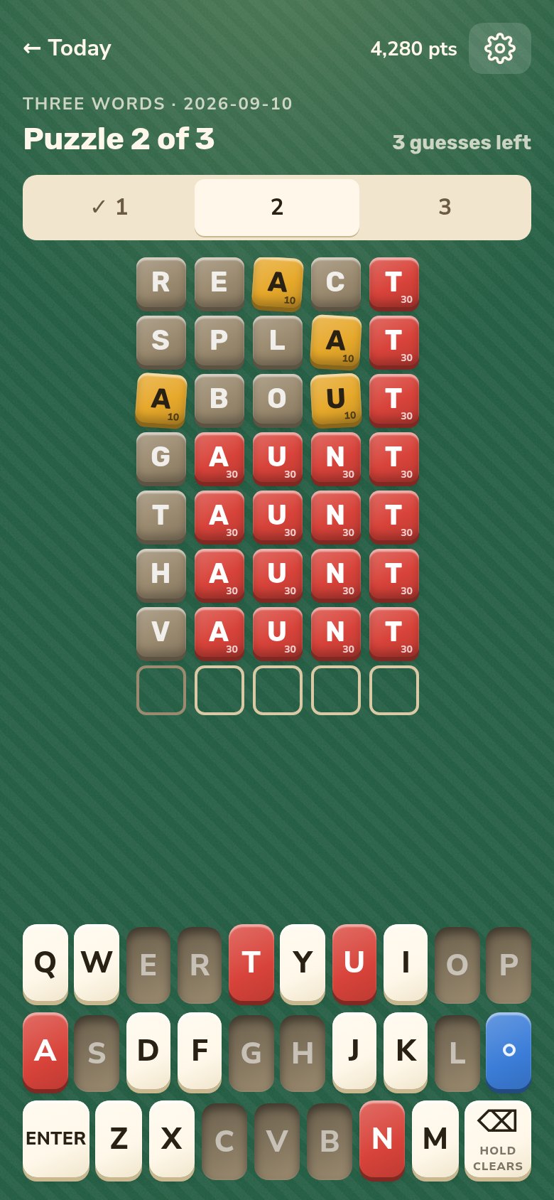 Three Words: a board of coloured letter tiles and the keyboard