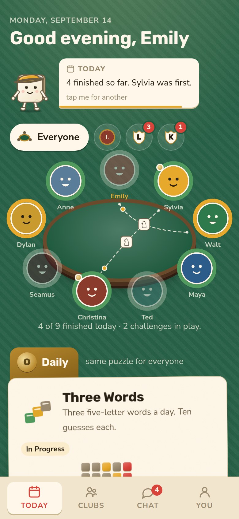 The Today screen: your table, the daily puzzle and your challenges